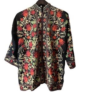 Boho Kashmiri Indian Crewel Embroidered Multicolour Floral Jacket Coat Sz M-L